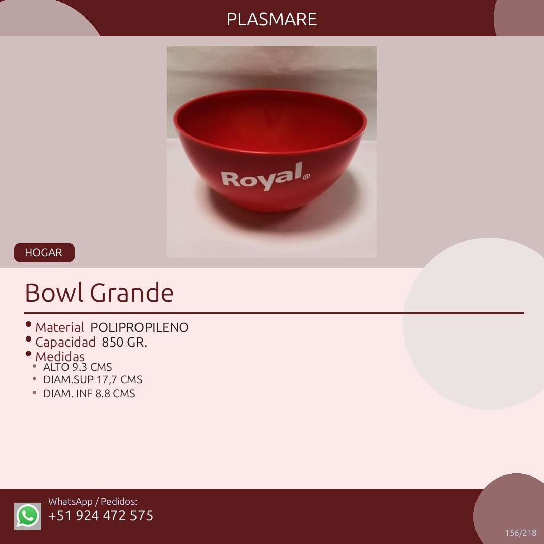 Bowl Grande — Plasmare